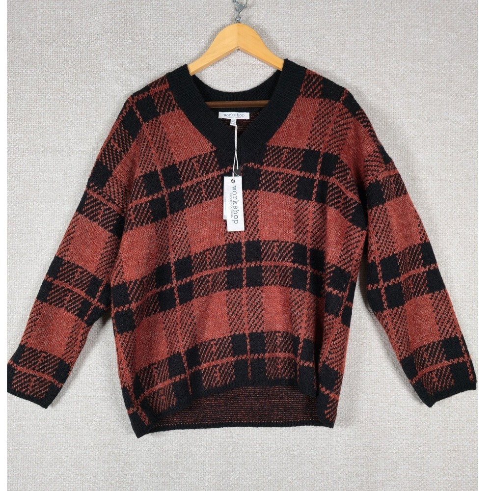 Workshop Republic‎ Clothing Womens Size XS Black Rust Plaid V-Neck Sweater  NEW